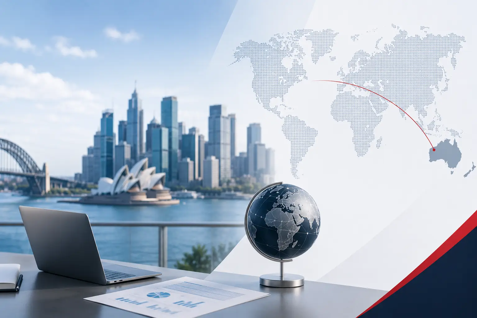 International business expansion into Australia illustration showing market entry strategy, company setup, business planning, compliance support, and growth consulting by MNM Global Business Solutions.