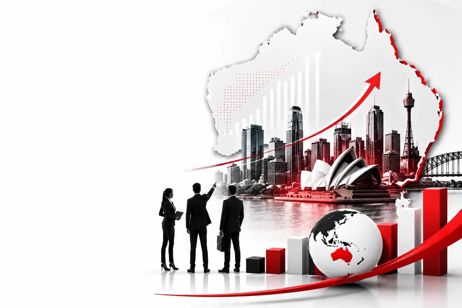 Australia market entry illustration showing Australia map, Sydney skyline, business growth chart, investors, and global expansion concept for MNM Global Business Solutions.
