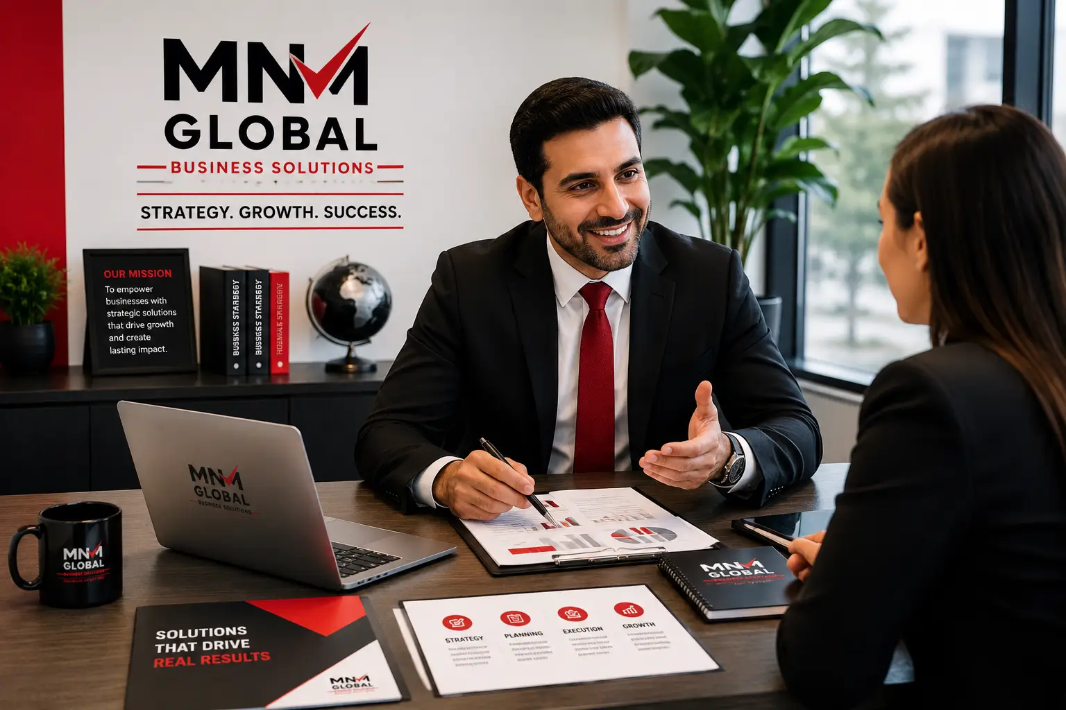 Business consultant meeting client for strategy and growth consultation at MNM Global Business Solutions