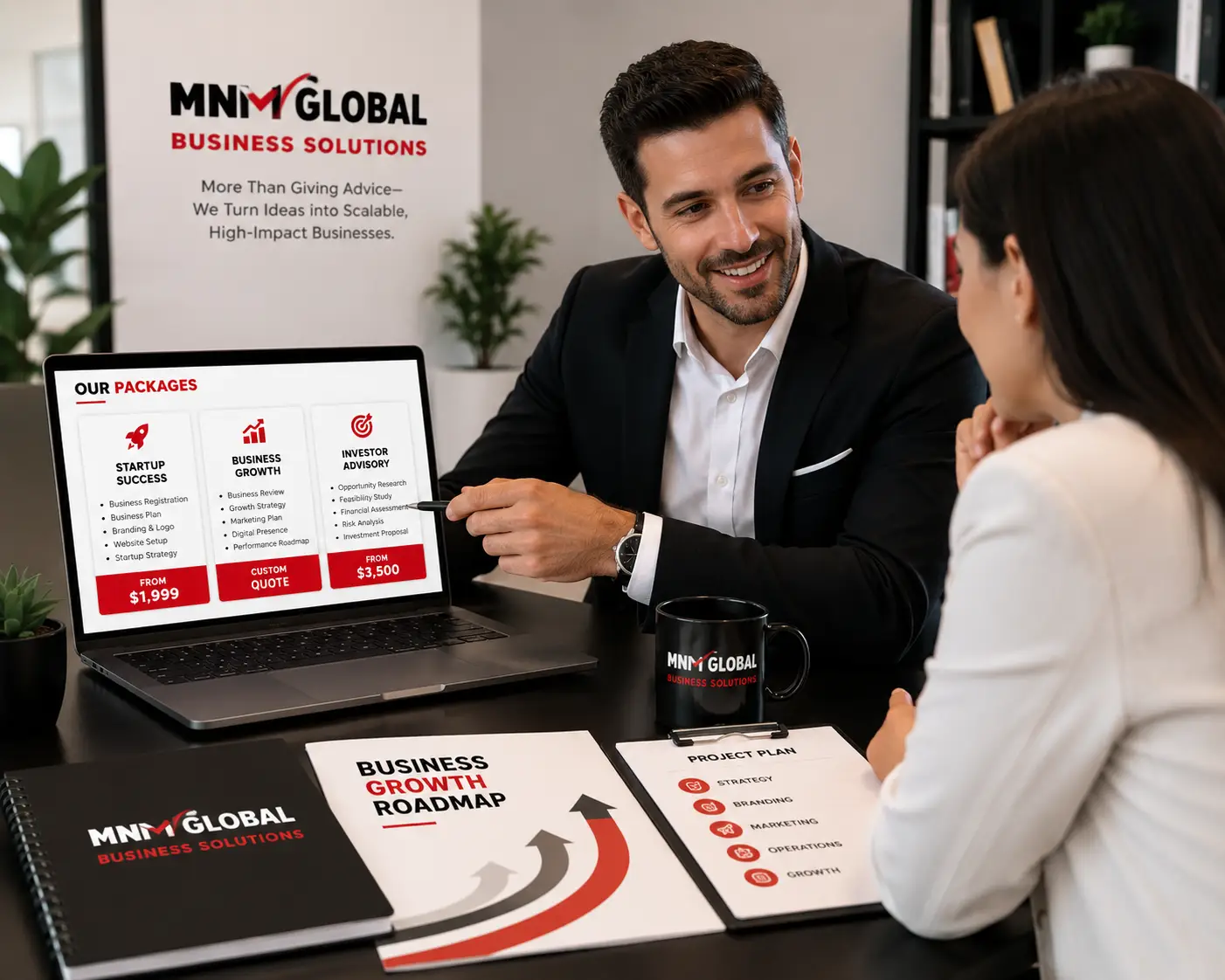 MNM Global Business Solutions consultant presenting startup, business growth and investor advisory packages to a client