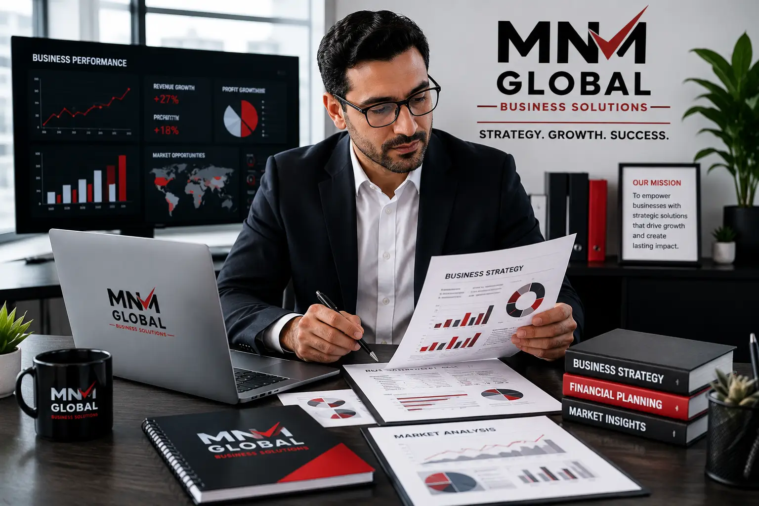 MNM Global Business Solutions consultant reviewing business strategy reports, market analysis, financial planning documents and growth insights.